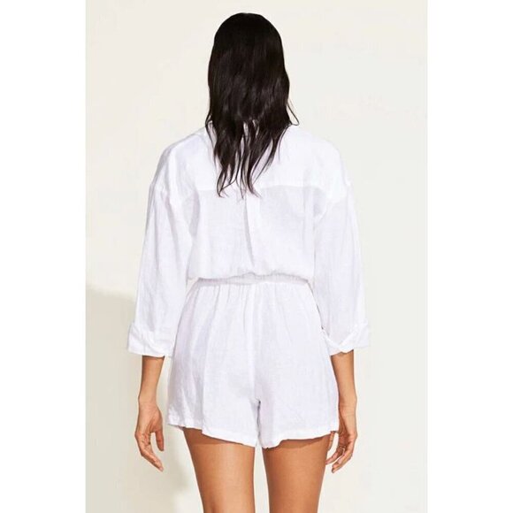 VITAMIN A Getaway Long Sleeve Linen Cover-Up Romper in White Eco Linen Large - Picture 14 of 14